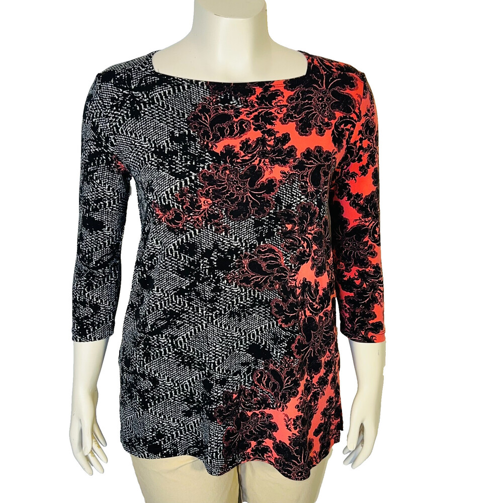 Clara Sun Woo Tunic Top Womens XS fits to L Abstract Animal Floral Boat Neck